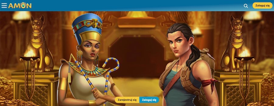 Amon Casino home page with "Cleopatra" and "Lara Croft".