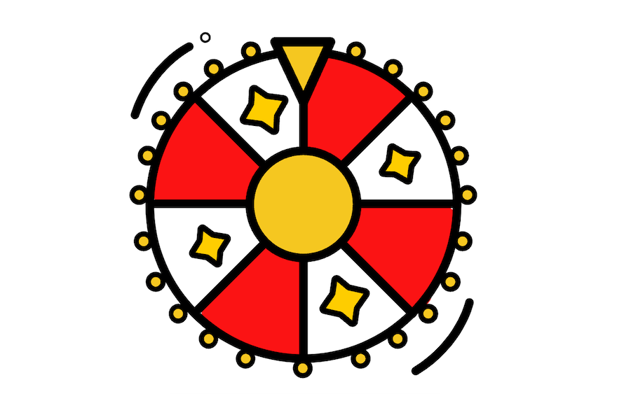 An infographic depicting something like a wheel of fortune, in white, red and gold colors.