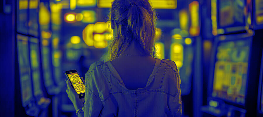 Photo of the back of a young blonde woman holding a phone in her hand while standing in a casino